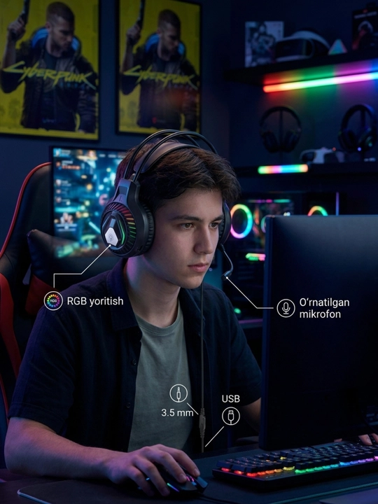 Gaming quloqchin GM3, mikrofonli, RGB yoritish, 3.5 mm + USB, kompyuter uchun
