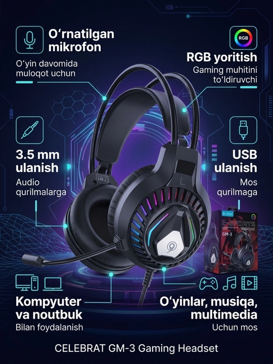 Gaming quloqchin GM3, mikrofonli, RGB yoritish, 3.5 mm + USB, kompyuter uchun - 