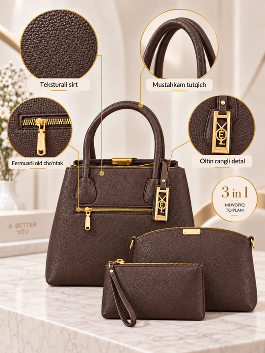 Ayollar sumkasi 3 tasi 1 da qo'lga osib yuriladigan, charm, sig‘imli, kundalik