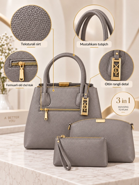 Ayollar sumkasi 3 tasi 1 da qo'lga osib yuriladigan, charm, sig‘imli, kundalik
