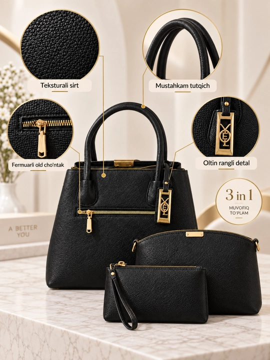 Ayollar sumkasi 3 tasi 1 da qo'lga osib yuriladigan, charm, sig‘imli, kundalik