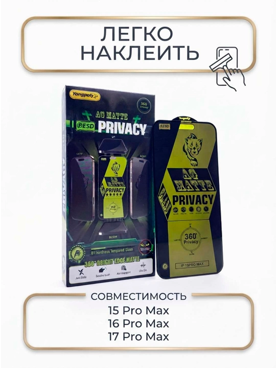 Защитное стекло антишпион прозрачное для iPhone 15/16/17 Pro Max - 