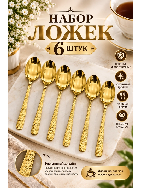 Набор столовых ложек 6 штук из нержавеющей стали, ложки для кухни и сервировки - 