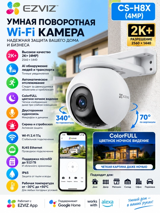 EZVIZ CS-H8X (4MP) — панорамная Wi-Fi камера 2K+ - 