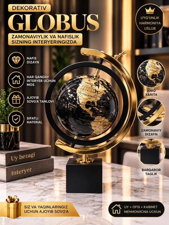 Dekorativ globus, stol globusi, uy bezagi, ofis dekor, globus sovg‘a, zamonaviy dekor - 