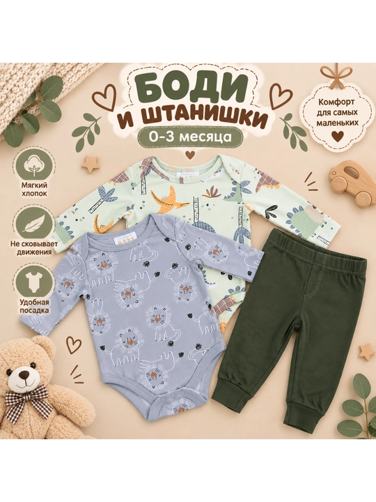 Боди для новорожденных и малышей с длинным рукавом, хлопковый, 0–3, 3–6, 6–9 мес - 
