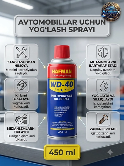 Moylash spreyi HAFMAN WD-40, universal zang ketkazuvchi va korroziyadan himoya, 450 ml