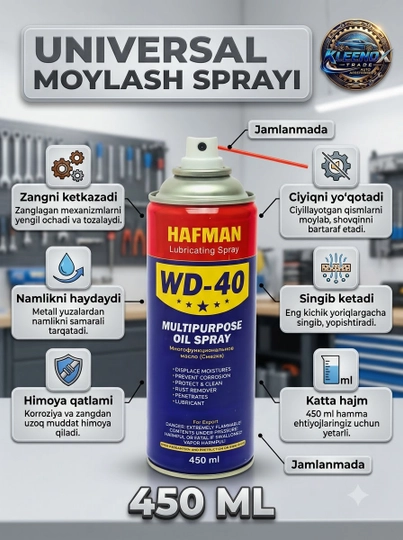 Moylash spreyi HAFMAN WD-40, universal zang ketkazuvchi va korroziyadan himoya, 450 ml