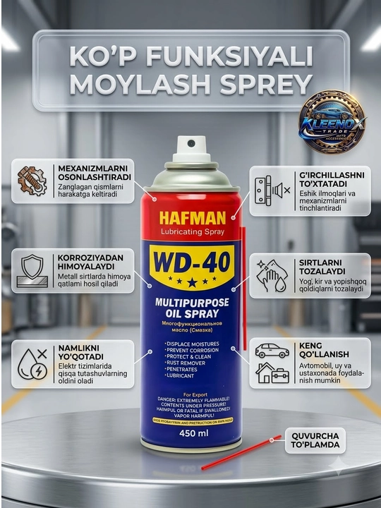 Moylash spreyi HAFMAN WD-40, universal zang ketkazuvchi va korroziyadan himoya, 450 ml