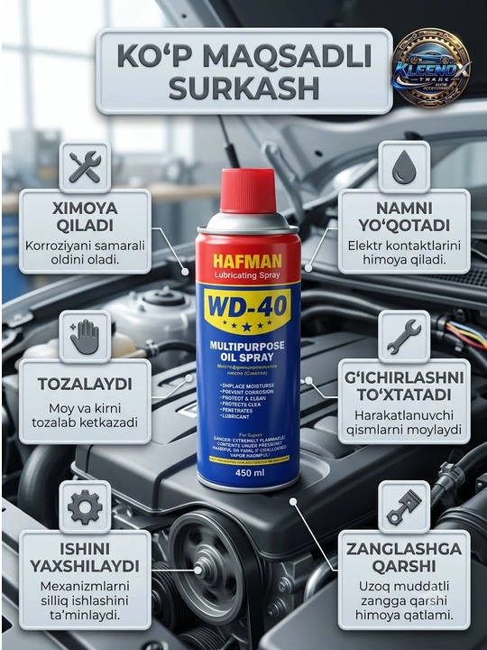 Moylash spreyi HAFMAN WD-40, universal zang ketkazuvchi va korroziyadan himoya, 450 ml - 