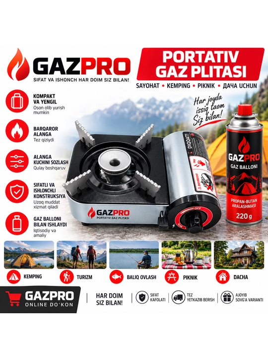 Portativ gaz plitasi – mini turist plitasi, camping, piknik va sayohat uchun - 