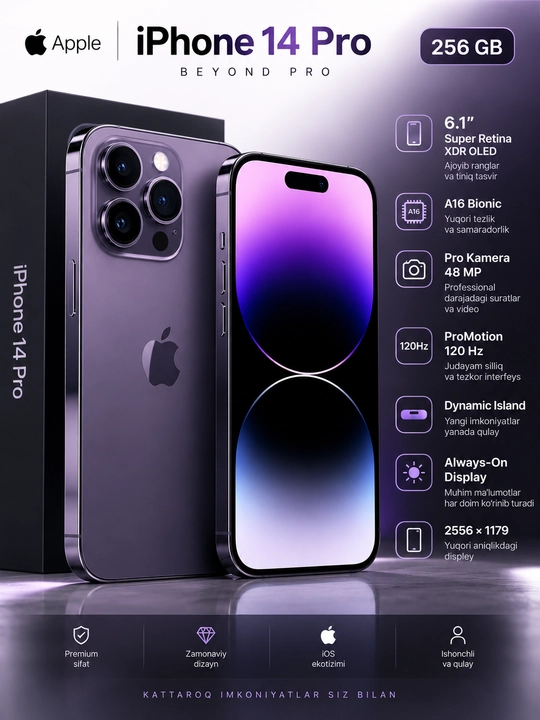 Apple iPhone 14 Pro 256 ГБ — Super Retina XDR OLED, 120 Гц, 48 Мп, 5G