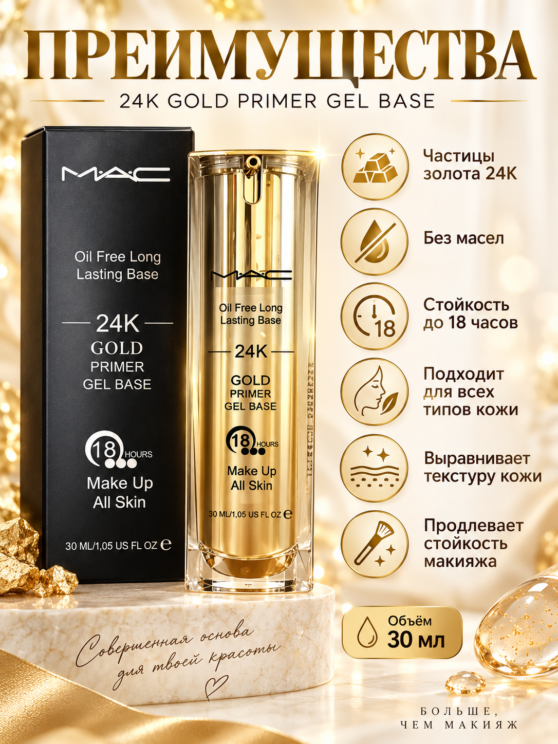 Праймер-гель для лица 24K Gold — сияющая база под макияж, 30 мл