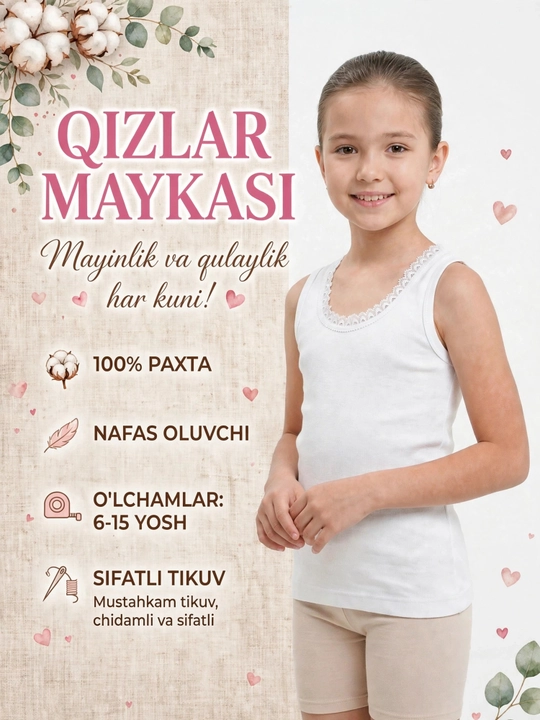 Qizlar uchun mayka 100% paxta - ugra - 6-15 yosh - nafis to‘rli - 