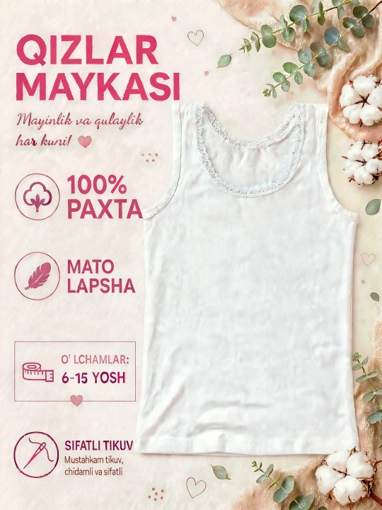 Qizlar uchun mayka 100% paxta - ugra - 6-15 yosh - nafis to‘rli - 