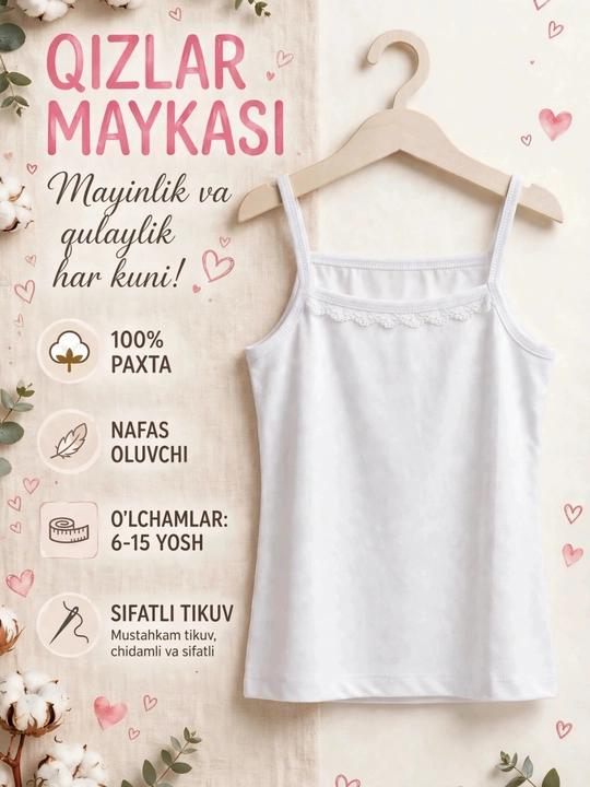 Qizlar uchun mayka 100% paxta - ugra - 6-15 yosh - nafis to‘rli - 