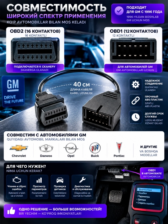 Кабель-адаптер OBD1 12 pin на OBD2 16 pin для GM, диагностический переходник