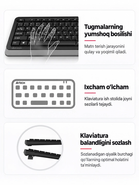 A4Tech FBK11 — Blutuz va 2.4 GHz(USB) simsiz ixcham klaviatura, 4 qurilmaga ulanish