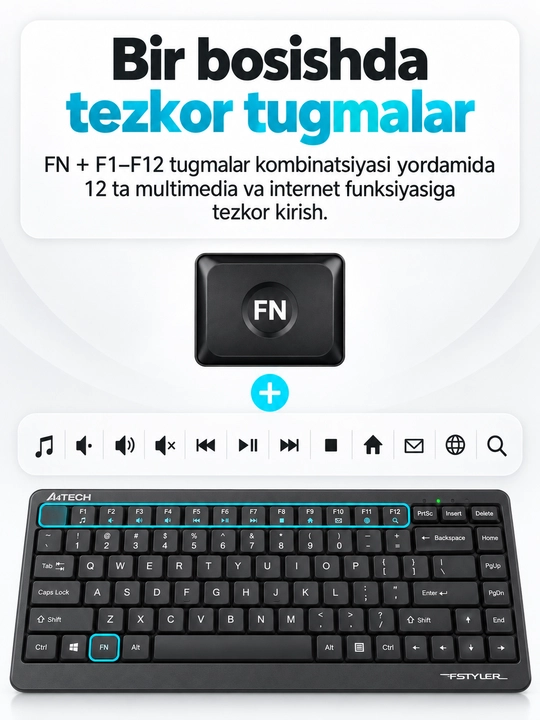 A4Tech FBK11 — Blutuz va 2.4 GHz(USB) simsiz ixcham klaviatura, 4 qurilmaga ulanish