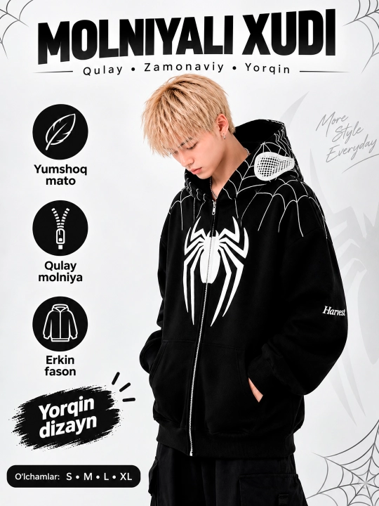 Xudi zip Unisex, o‘rgimchak odam, paxtadan, katta, unisex, marvel, XB, unisex - 