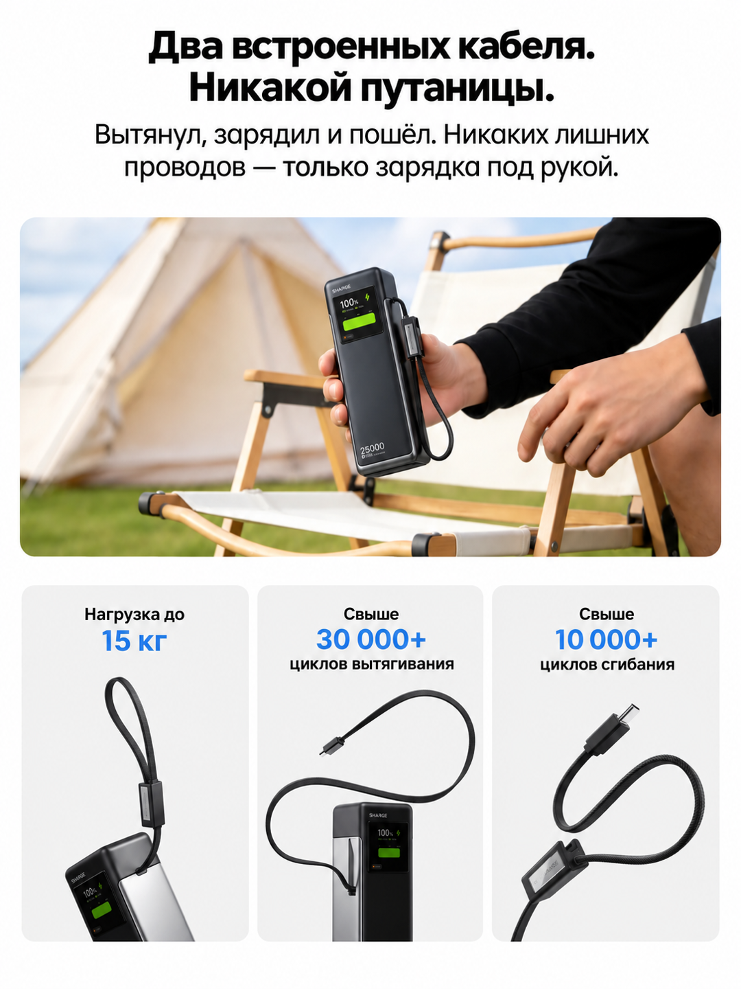 Повербанк SHARGE HyperTower 170, 25000 мА·ч, 170 Вт, два кабеля USB-C