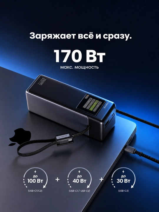 Повербанк SHARGE HyperTower 170, 25000 мА·ч, 170 Вт, два кабеля USB-C