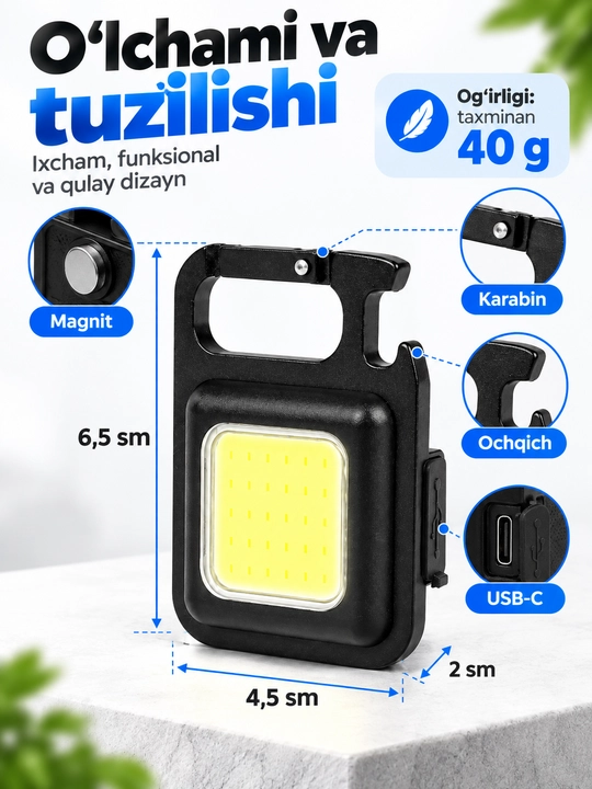 Mini COB LED fonar, akkumulyatorli, USB-C, magnit va karabinli