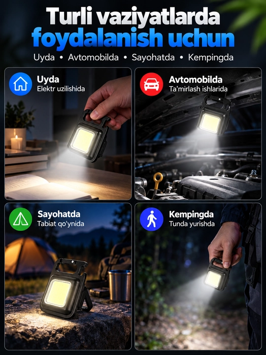 Mini COB LED fonar, akkumulyatorli, USB-C, magnit va karabinli