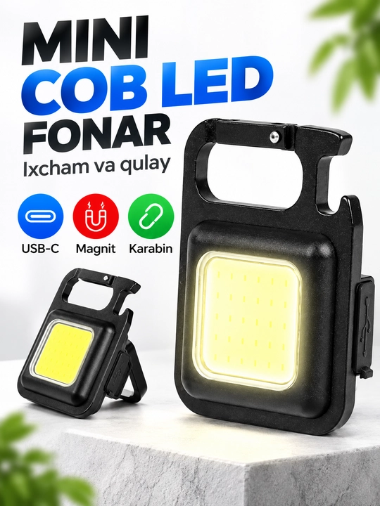 Аккумуляторный COB LED-фонарик mini, USB-C, магнит, карабин - 