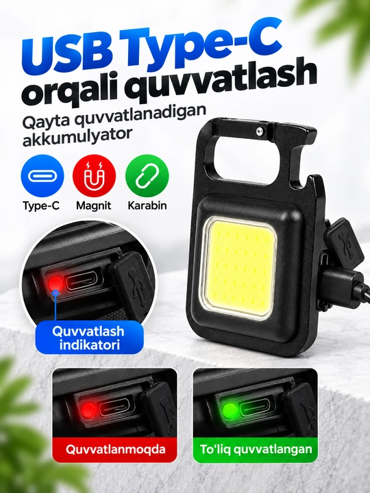 Mini COB LED fonar, akkumulyatorli, USB-C, magnit va karabinli
