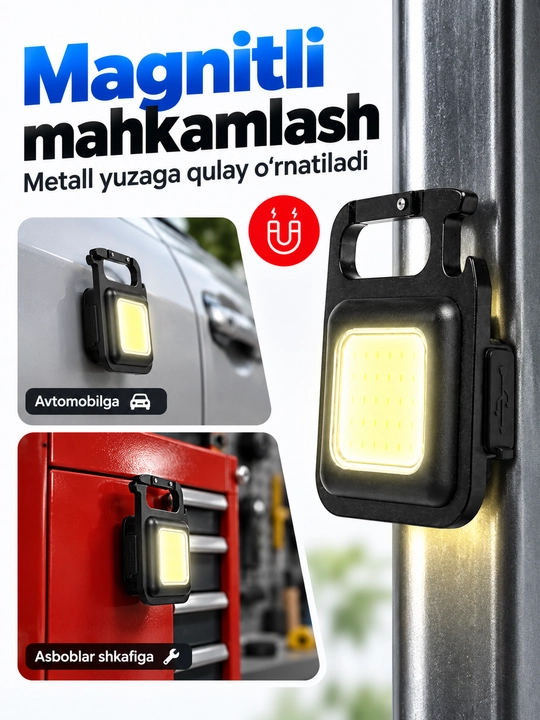 Mini COB LED fonar, akkumulyatorli, USB-C, magnit va karabinli