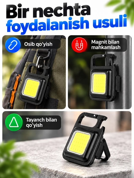 Mini COB LED fonar, akkumulyatorli, USB-C, magnit va karabinli