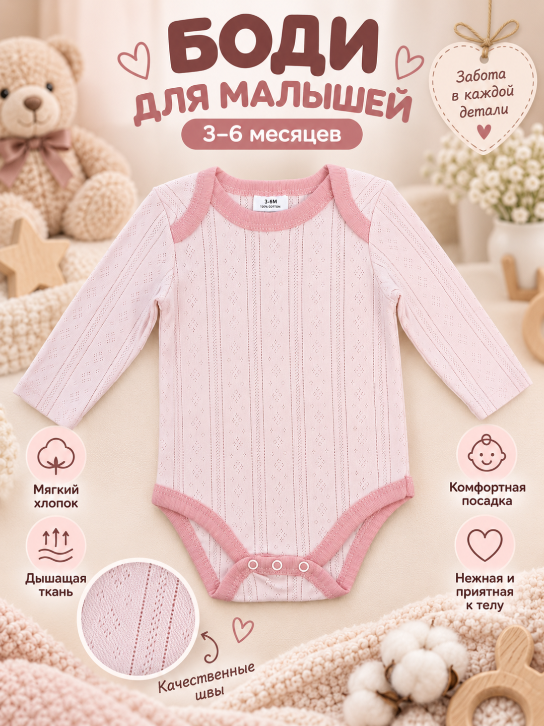 Боди для новорожденных и малышей с длинным рукавом, хлопковый, 0–3, 3–6, 6–9 мес - 