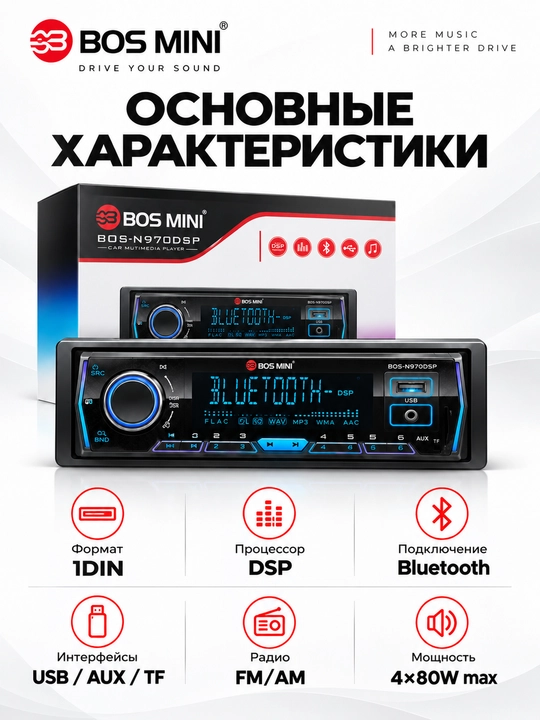 BOS MINI N970DSP/N971DSP/N972DSP/N973DSP/N974DSP/N975DSP 1DIN магнитола с DSP