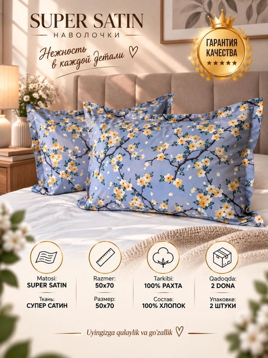 Yostiq jildi 70x50, Super satin, 2 dona ,100% paxta