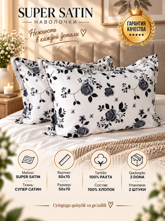 Yostiq jildi 70x50, Super satin, 2 dona ,100% paxta