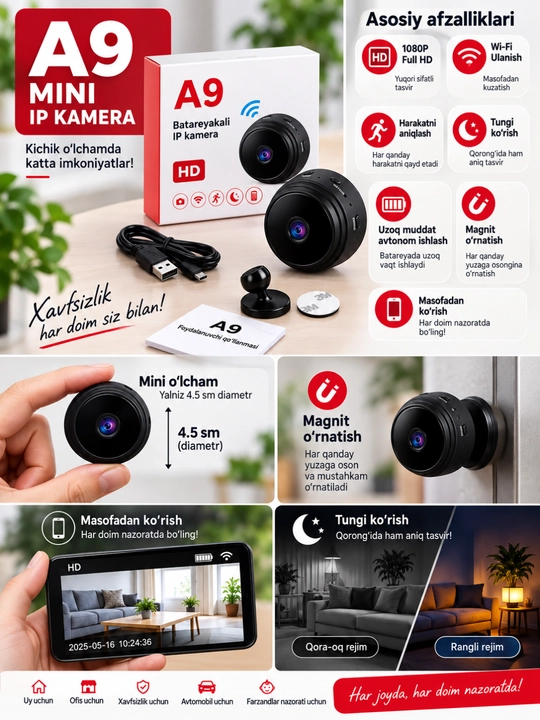 A9 Mini IP Kamera — ixcham va qulay kuzatuv kamerasi - 