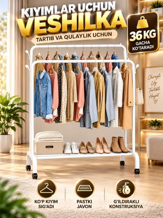 Veshilka kiyim uchun, 2 qatorli metall kiyim ilgich, g‘ildirakli, pastki javonli, oq - 
