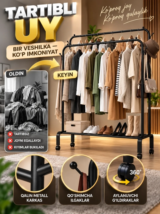 Veshilka kiyim uchun, 2 qatorli metall kiyim ilgich, g‘ildirakli, pastki javonli, oq