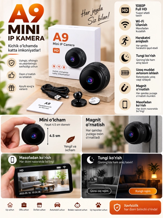 A9 Mini IP Kamera — ixcham va qulay kuzatuv kamerasi - 