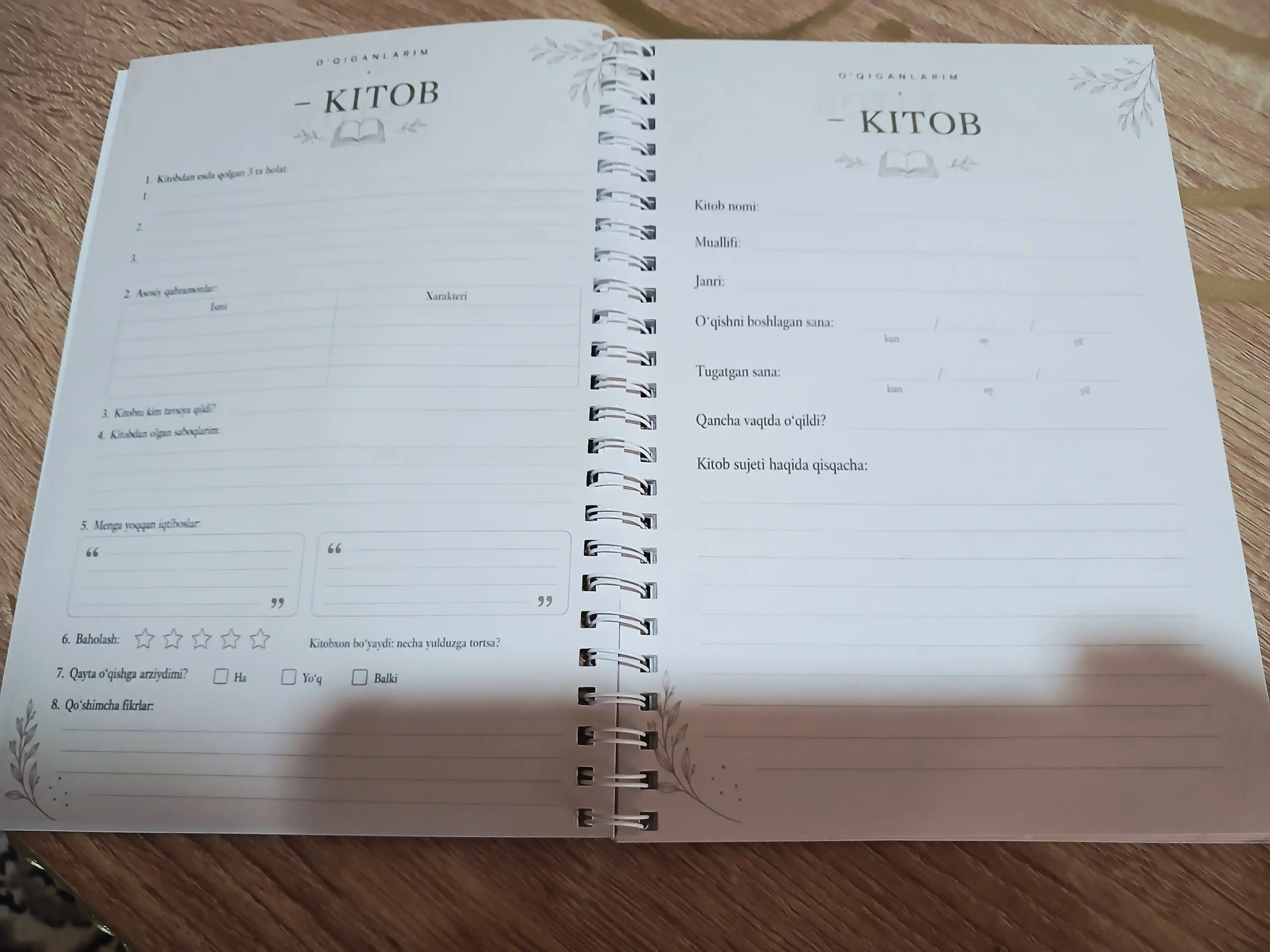 O‘qigan kitoblarim albomi – kitobxon uchun kundalik