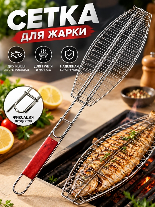 Решётка-гриль для шашлыка 2 штуки, корзина для мяса и овощей, сталь, 35×5 см - 