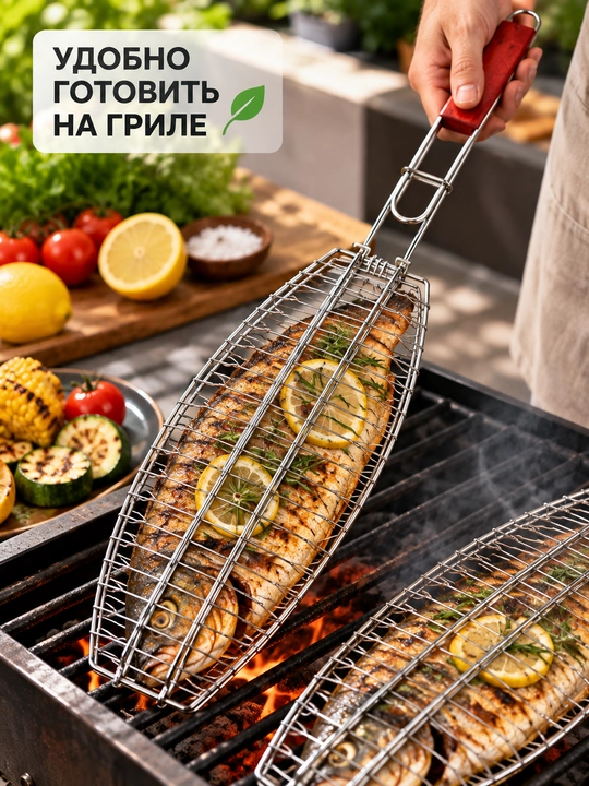 Решётка-гриль для шашлыка 2 штуки, корзина для мяса и овощей, сталь, 35×5 см