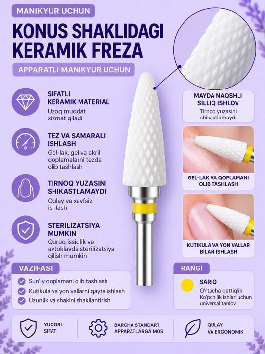 Manikyur uchun konus shaklidagi keramik freza - 