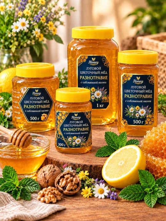 Натуральный цветочный мёд, 1 кг, 500 г, 300 г - 