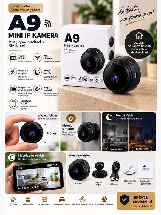 A9 Mini IP Kamera — ixcham va qulay kuzatuv kamerasi - 