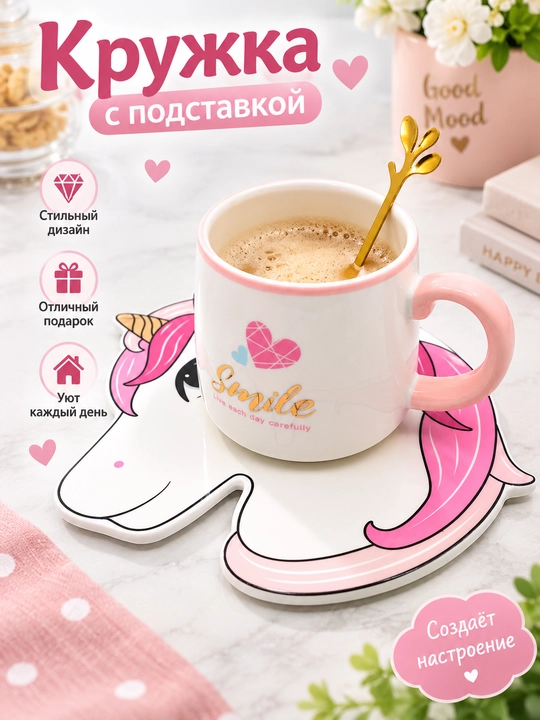 Чашка с блюдцем 280 мл, чайная кружка с ручкой в форме сердца, посуда для чая и кофе - 