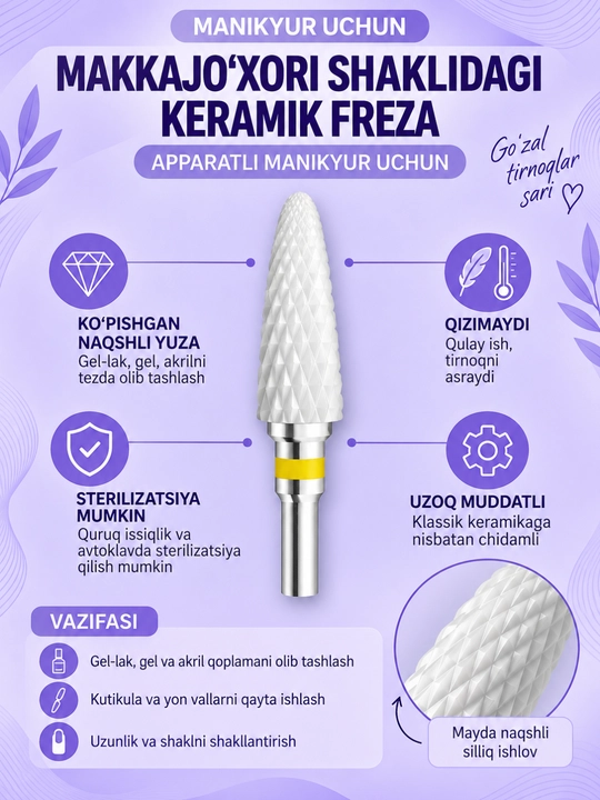 Manikyur uchun makkajo‘xori shaklidagi keramik freza - 