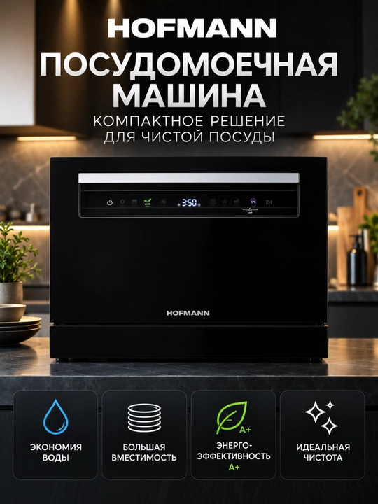 Посудомоечная машина HOFMANN DW-67TBK/HF, 6 комплектов, 7 программ, сенсорное управление