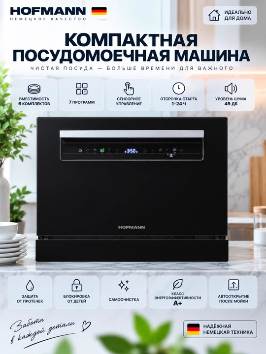 Посудомоечная машина HOFMANN DW-67TBK/HF, 6 комплектов, 7 программ, сенсорное управление